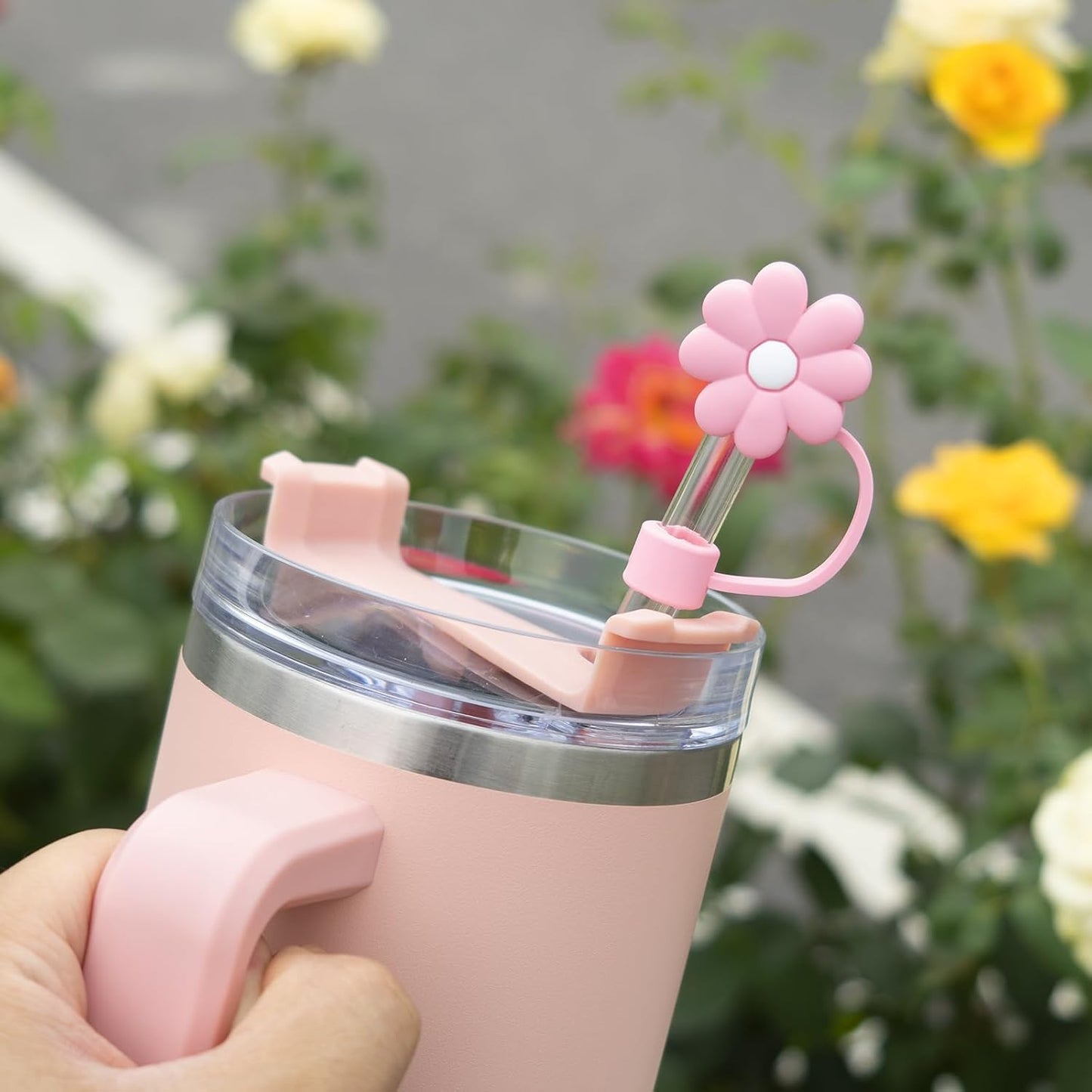 4Pcs 0.4in Diameter Cute Silicone Straw Covers Cap for Stanley Cup, Dust-Proof Drinking Straws Reusable Straws Tips Lids (4 PCS Flower Straw Covers)