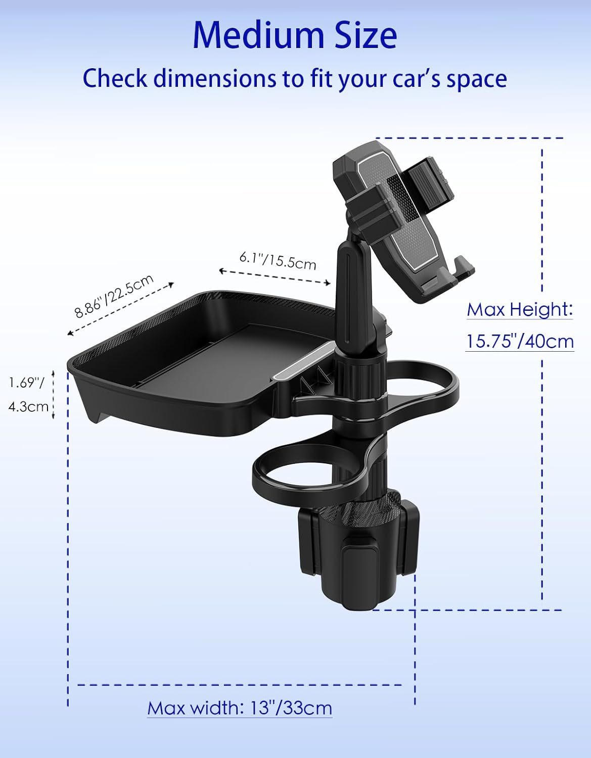 Car Cup Holder Tray - 4 in 1 Adjustable Car Cup Holder Expander with Food Tray Table and Phone Mount 360° Swivel for All Purpose, Automotive Essentials for Driver and Front Passenger
