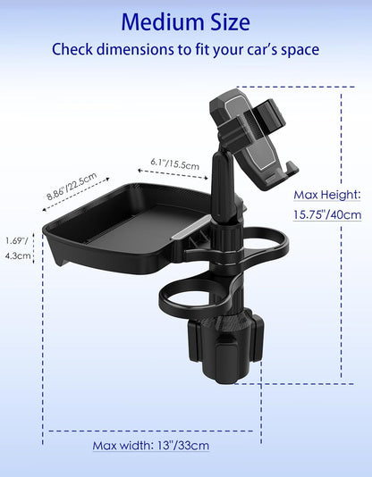 Car Cup Holder Tray - 4 in 1 Adjustable Car Cup Holder Expander with Food Tray Table and Phone Mount 360° Swivel for All Purpose, Automotive Essentials for Driver and Front Passenger