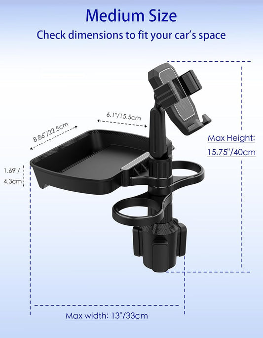 Car Cup Holder Tray - 4 in 1 Adjustable Car Cup Holder Expander with Food Tray Table and Phone Mount 360° Swivel for All Purpose, Automotive Essentials for Driver and Front Passenger