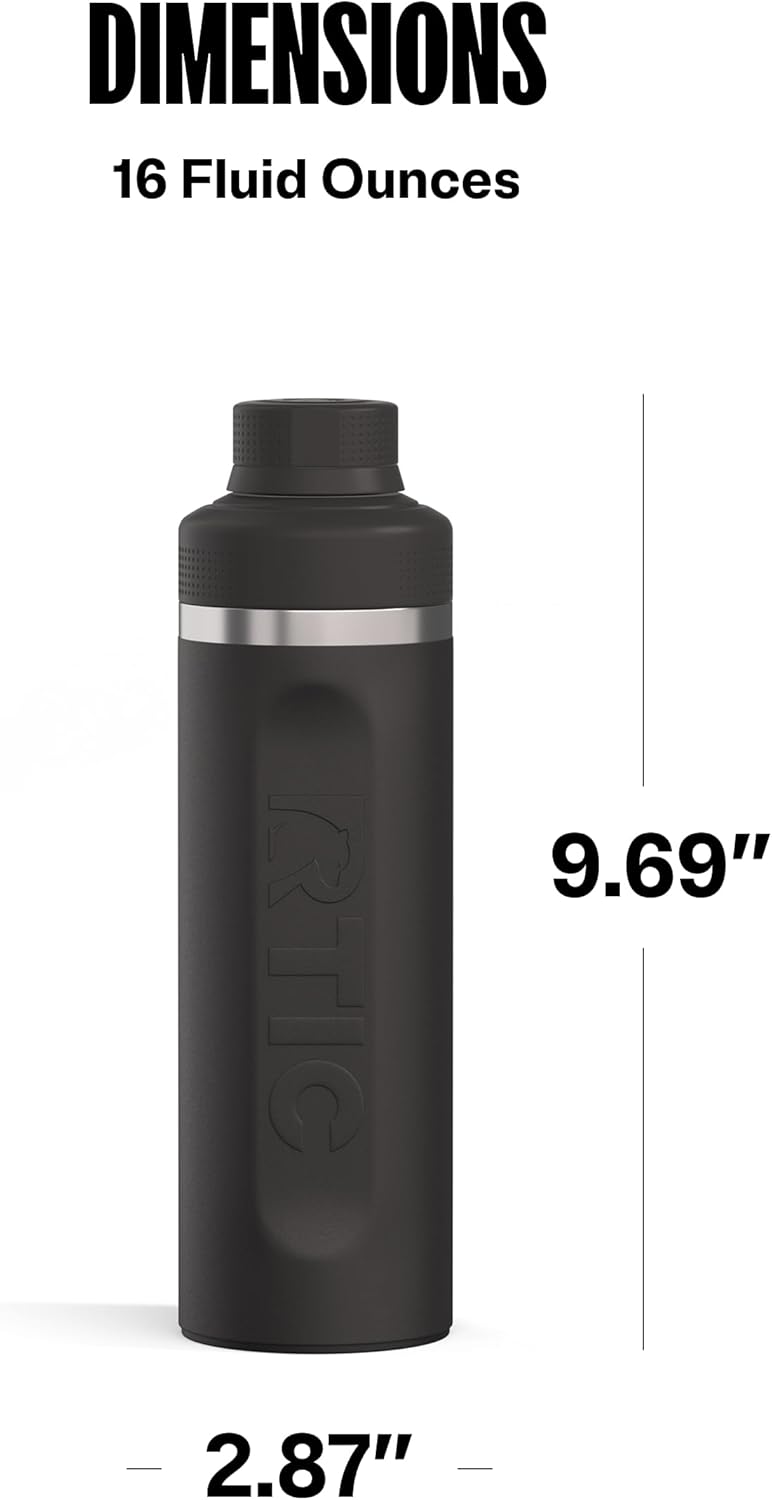 RTIC 24oz Refuel Water Bottle with Workout Protein Shaker, Insulated, Stainless Steel, Metal, Double Wall Vacuum-Insulation, Ceramic Lined, Leak-Proof Chug Lid, Tumbler, Black