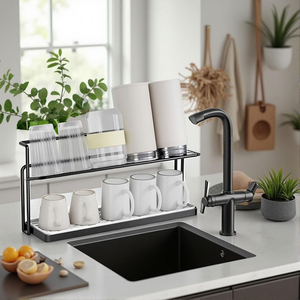 Water Bottle Drying Rack Cup Storage with Drain Tray Mug Organizer for Kitchen - 2 Tiers (Black)
