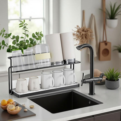 Water Bottle Drying Rack Cup Storage with Drain Tray Mug Organizer for Kitchen - 2 Tiers (Black)