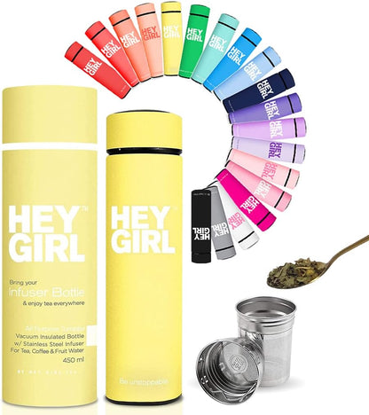 Hey Girl Tea Infuser Bottle 450ml - Insulated Stainless Steel Water Bottle - Tea Tumbler with Tea Diffuser - Portable Travel Mug for Loose Leaf Tea & Infused Water - Tea Lovers Gifts for Women (Pink)