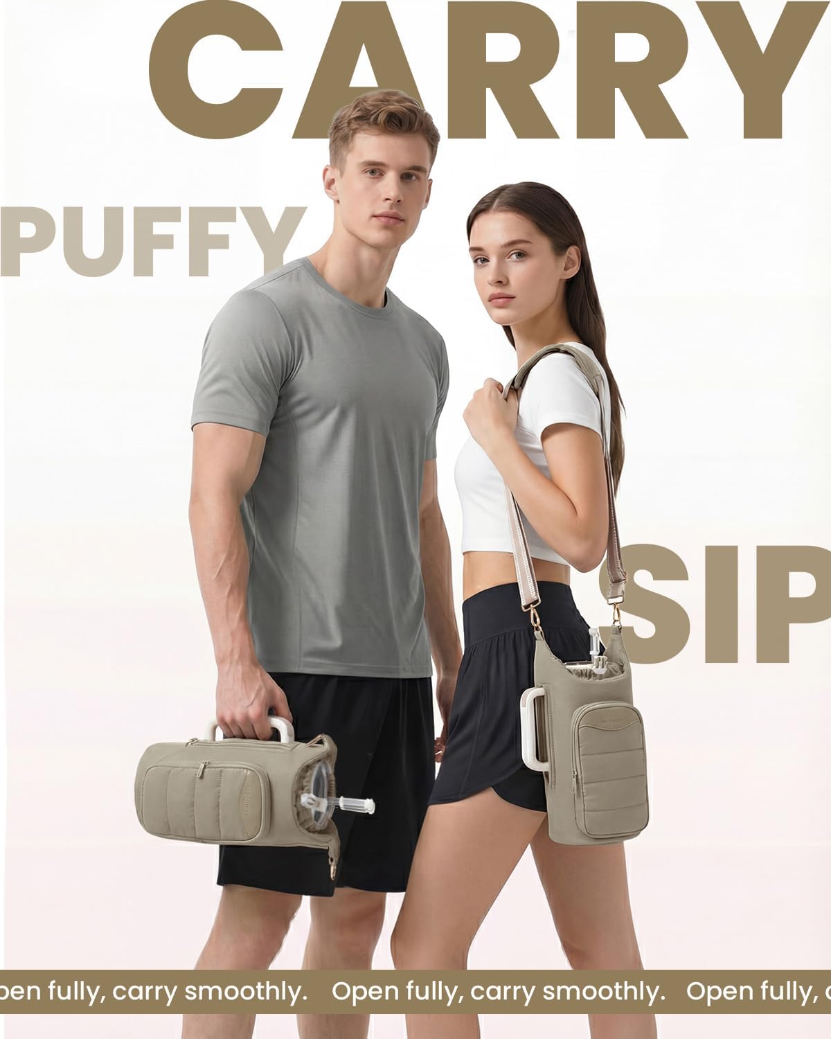 sportsnew Water Bottle Holder, Crossbody Insulated Cup Sleeve for 30oz/40oz Tumbler with Handle, Puffy Carrier Bag with Phone & RFID-Blocking Card Pocket & Drawstring Closure for Quick Access