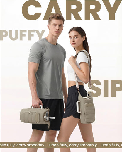 sportsnew Water Bottle Holder, Crossbody Insulated Cup Sleeve for 30oz/40oz Tumbler with Handle, Puffy Carrier Bag with Phone & RFID-Blocking Card Pocket & Drawstring Closure for Quick Access