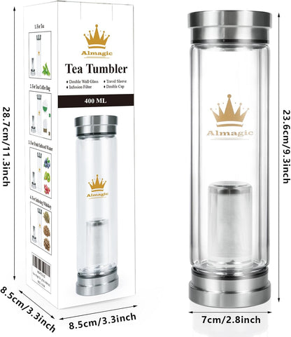 Tea Infuser Bottle for Loose Leaf Teas, 400 ml / 13.5 fl oz Double Wall Glass Tea Bottle with Infuser, Insulated Tea Tumbler with Infuser, Leak Proof Water Bottle with Protective Travel Sleeve