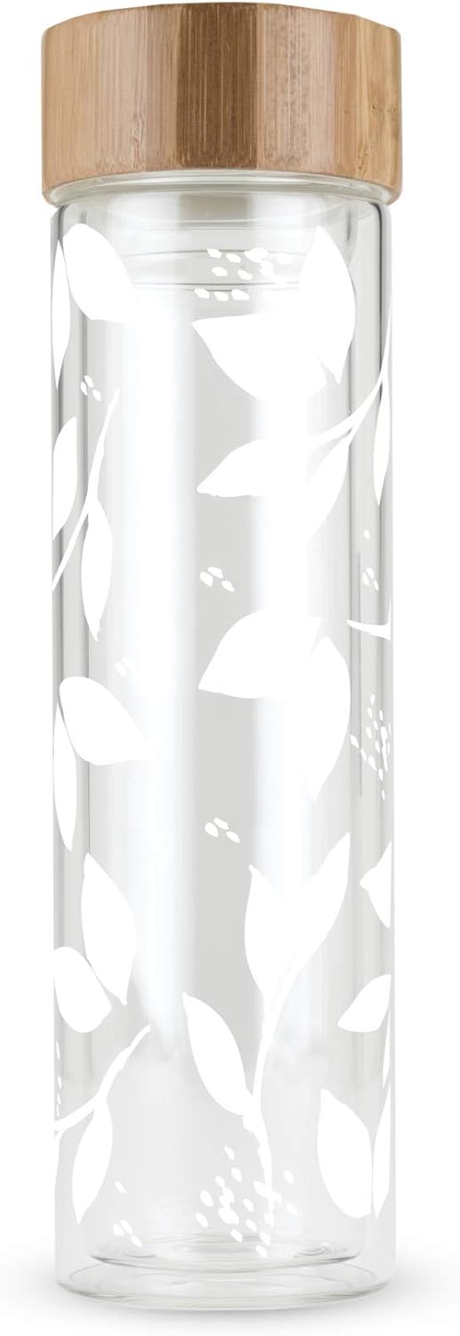 Pinky Up Blair Travel Tea Infuser Mug, Double Walled Insulated Travel Tumbler with Loose Leaf Tea Strainer, Travel Coffee Mug, Keeps Drinks Hot or Cold, 16 oz, White Leaf