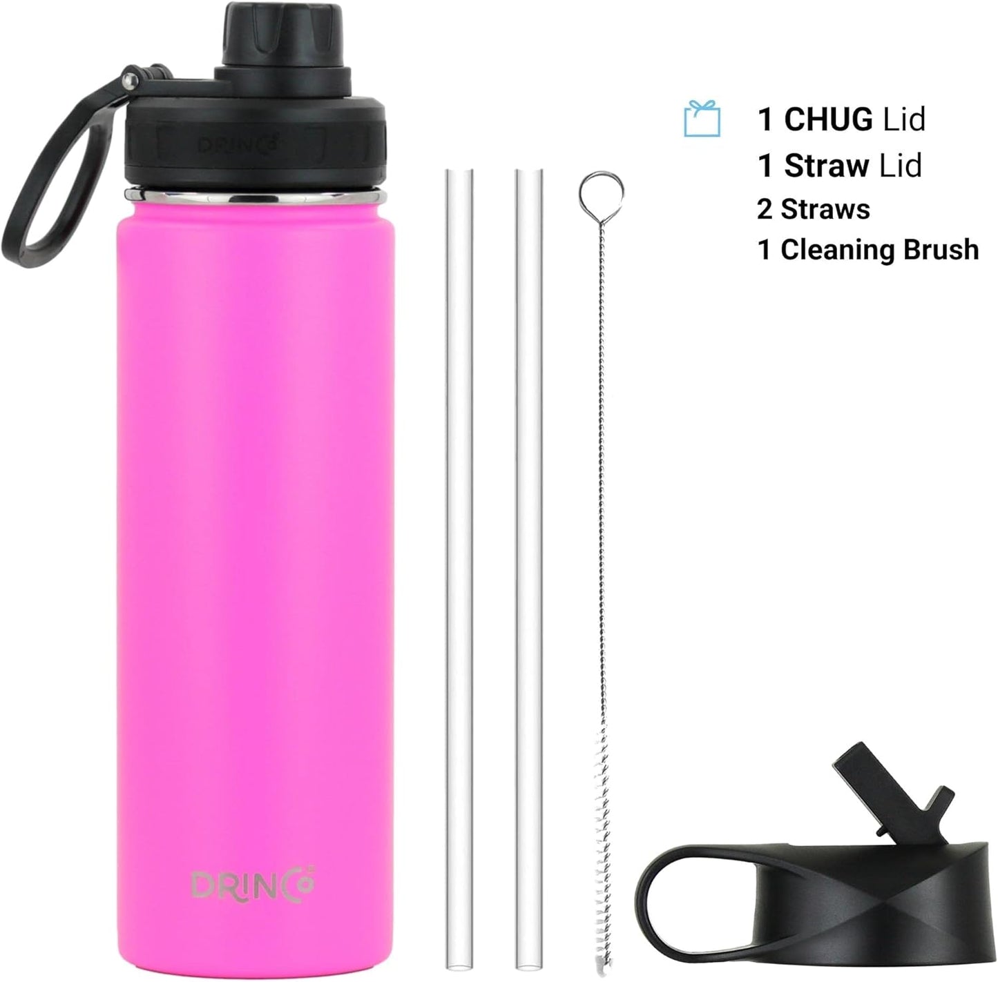 Drinco Stainless Steel Water Bottle Spout Lid Vacuum Insulated Double Wall Water Bottle Wide Mouth (40oz 32oz 22oz 18oz 14oz) Leak Proof Keep Cold Sport Camping Hiking (22 oz, 22oz Black)