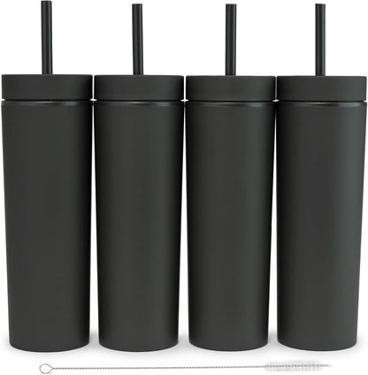 STRATA CUPS Perwinkle Skinny Tumblers with Lids and Straws (4 pack), 16oz Matte Pastel Colored Acrylic Tumblers with Lids and Straws, Double Wall Skinny Tumbler Bulk, Reusable Cup with Straw Cleaner