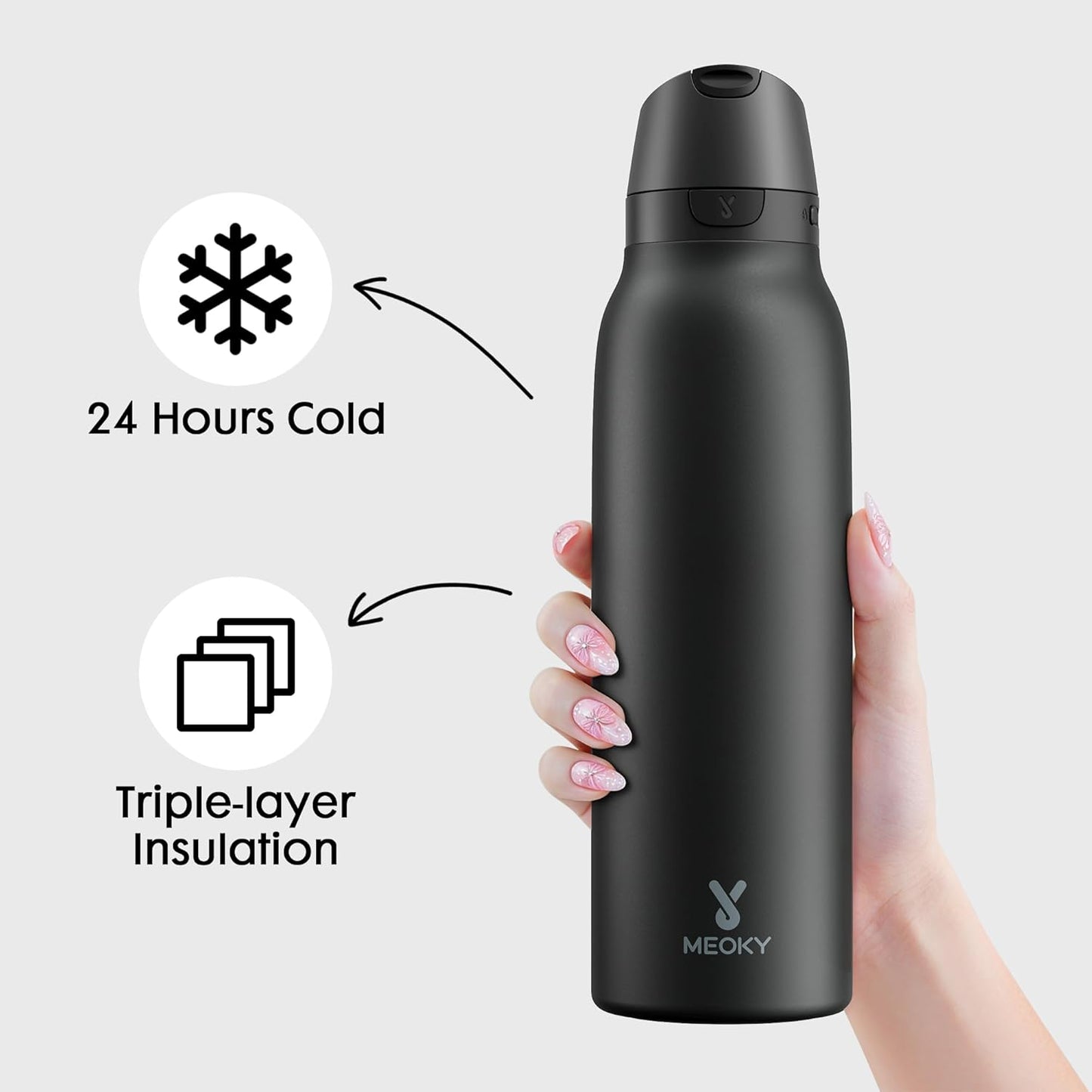 Meoky 24 oz Slim Insulated Water Bottle: Leak Proof Locking Lid, 2-in-1 Straw and Spout, 24 Hours Cold, Top Handle, BPA Free, Stainless Steel Water Bottle for Men Sports Travel Gym, Night