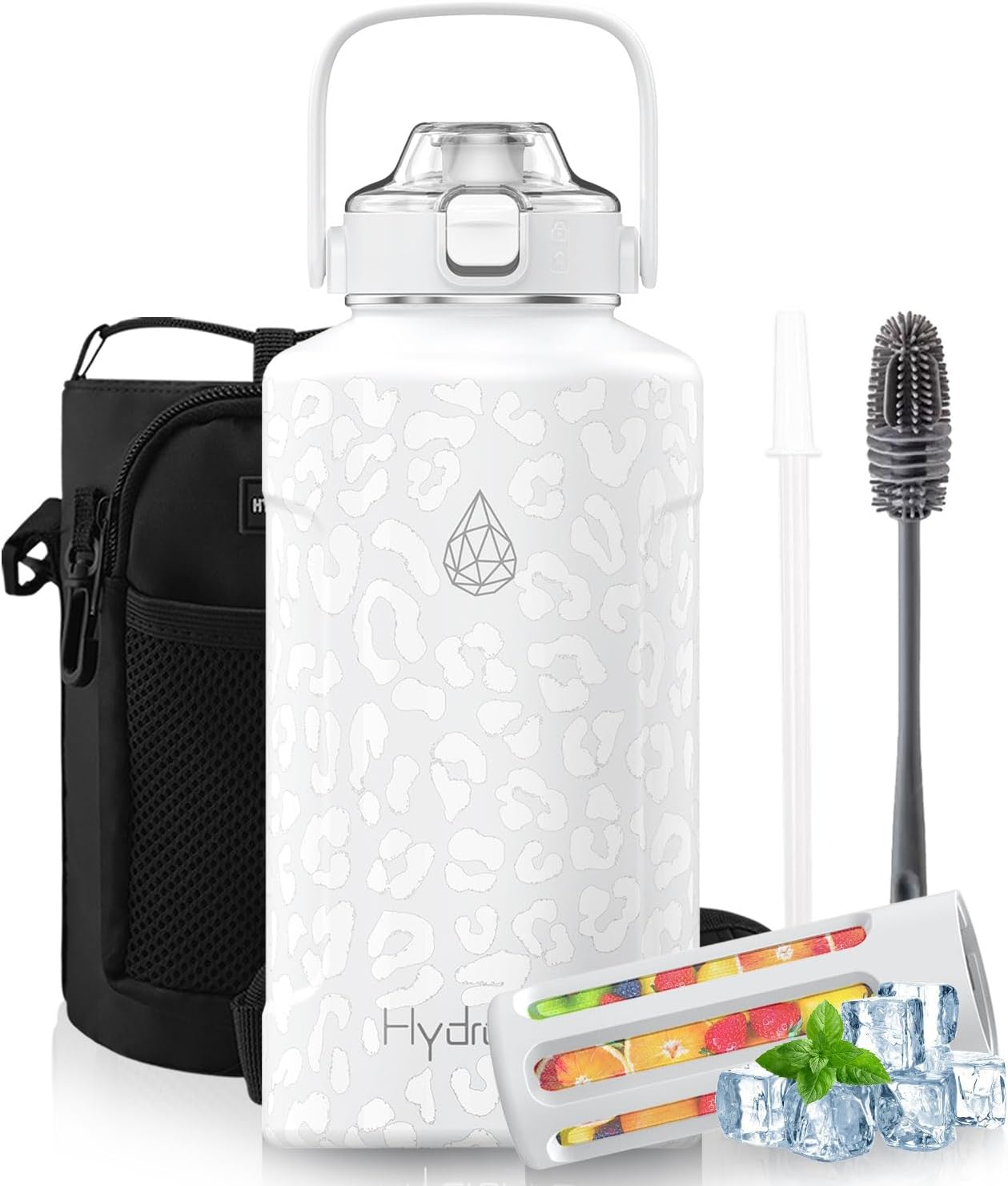 64oz Half Gallon Fruit Infuser Insulated Stainless Steel Water Bottle Jug, 48H Cold & 24H Hot, Large Capacity for Travel Hiking Mountain Climbing Black
