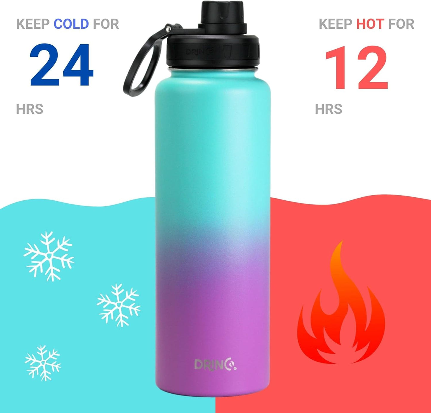 Drinco Stainless Steel Water Bottle Spout Lid Vacuum Insulated Double Wall Water Bottle Wide Mouth (40oz 32oz 22oz 18oz 14oz) Leak Proof Keep Cold Sport Camping Hiking (22 oz, 22oz Black)