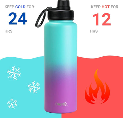 Drinco Stainless Steel Water Bottle Spout Lid Vacuum Insulated Double Wall Water Bottle Wide Mouth (40oz 32oz 22oz 18oz 14oz) Leak Proof Keep Cold Sport Camping Hiking (22 oz, 22oz Black)