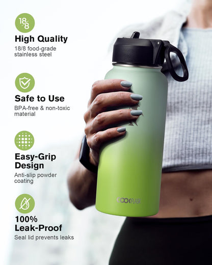 Half Gallon Water Bottle Insulated with Straw & 3 Lids, Coolflask 64 oz Water Jug Large Metal Stainless Steel Wide Mouth for Sports, Gym or Office, Non-BPA Keep Cold 48H Hot 24H, Samurai Cyan