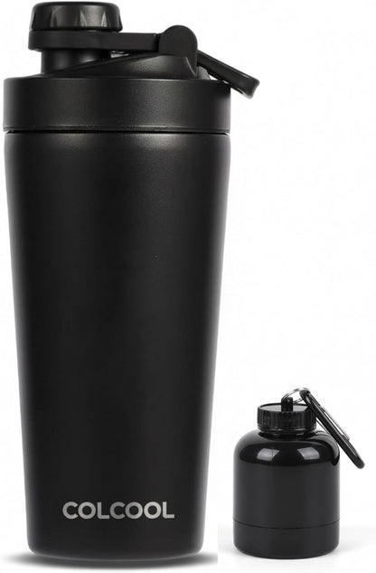 24oz Insulated Stainless Steel Protein Shaker Bottle with Extra Powder Storage, BPA-Free & Leakproof Shaker Cup, Removable Silent Mixing Strainer