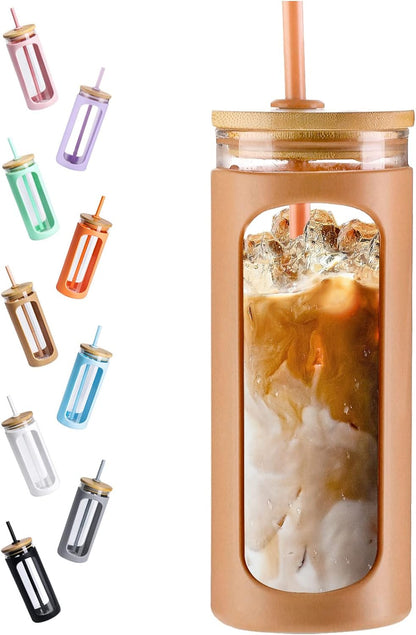 Kodrine 20oz Glass Water Tumbler with Straw and Lid, Bamboo Lids Water Bottle, Iced Coffee Cup Reusable, Wide Mouth Smoothie Cups with Protective Silicone Sleeve BPA FREE-Black - Colors B