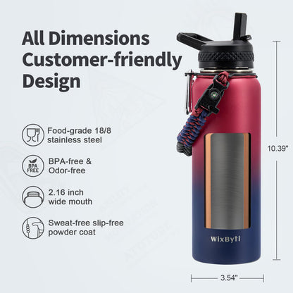 WixByti 40 oz Insulated Water Bottle with Straw (Cold for 36 Hrs), Stainless Steel Triple Wall Vacuum Sports Water Jug, Leakproof Hydro Cup Flask with Paracord Handle & Straw Spout Lids & DIY Stickers