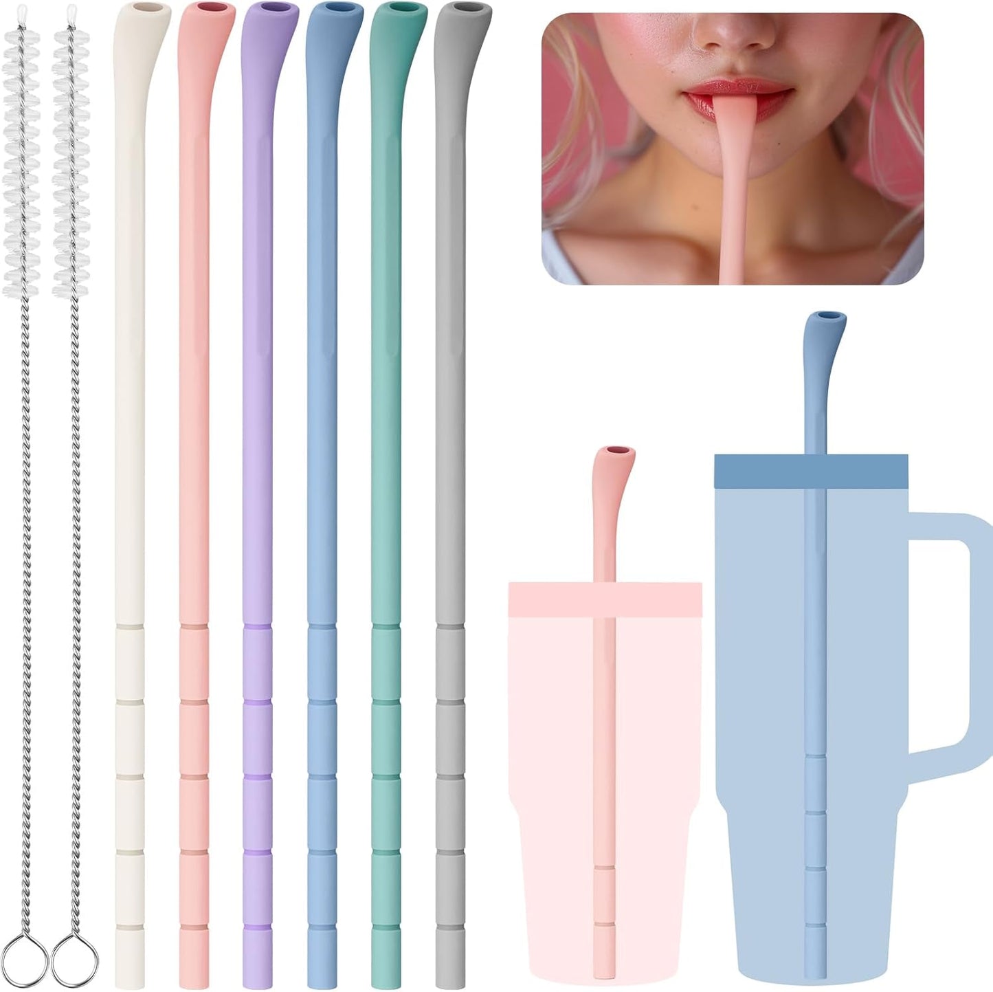 NiHome 6PCS Silicone Anti-Wrinkle Straws Fit for 40oz 30oz Stanley Tumblers w/Brushes, Customizable Length Wrinkle Free Straws for Various Size Cups, No Wrinkle Reusable Straws for Lip (Macaron)