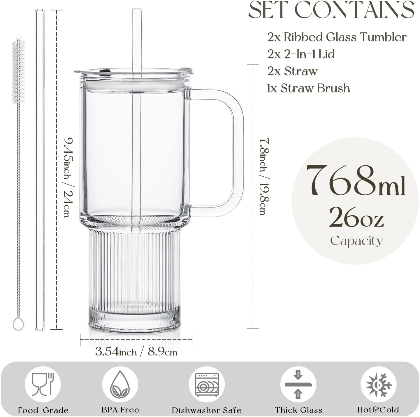 KEMORELA Large 26oz Clear Glass Mug with Handle and Sliding Lid – Aesthetic Ribbed Tumbler for Iced Coffee, Smoothies & Hot Drinks – Reusable Travel Cup with Straw, Dishwasher Safe (Ribbed Tumbler)