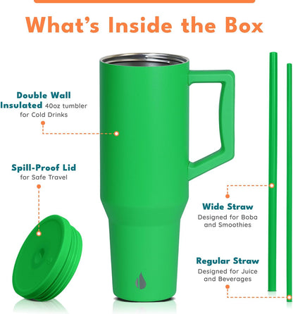 Elemental 32 oz 100% Leak Proof Tumbler with Handle & Straw - Stainless Steel Double Wall Insulated Tumbler for Hot and Cold Beverages - Travel Coffee Mug with Sip & Straw Lid - White - Colors A