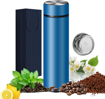 Insulated Water Bottles- Vacuum Tumbler for Coffee, Tea and Drinks with Stainless Steel Infuser - 15 oz Tea Thermo Travel Bottle/Keeps Drinks Hot or Cold for Hours/Gift Packing (Silver)