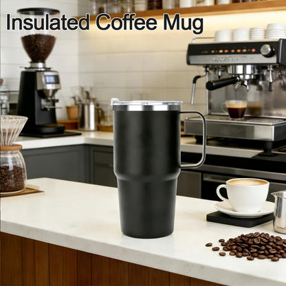 Sursip Insulated Coffee Mug with Handle and Lid, 24 oz Double Wall Vacuum Travel Thermal Coffee Tumbler with Straw for Home, Office Stainless Steel Coffee Cup - Leak proof, BPA Free (Black-1 Pack)