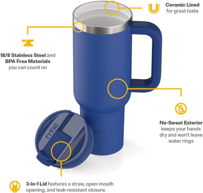 RTIC 30 oz Road Trip Tumbler Double-Walled Ceramic Lined InsulatedStainless Steel Portable Travel Coffee Mug Cup with Lid, Handle and Straw, Periwinkle Bouquet