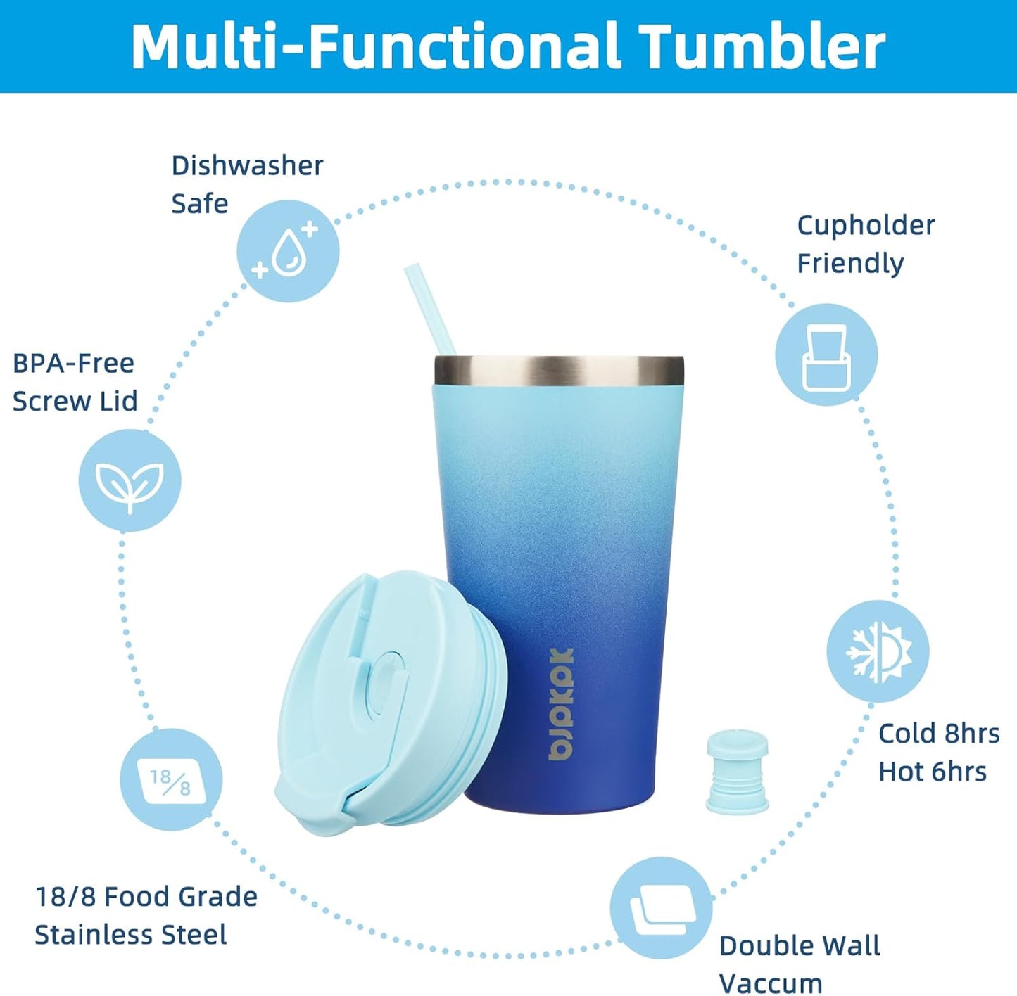 BJPKPK 22oz Insulated Tumbler With lid And Straw Stainless Steel Tumblers Travel Coffee Mug Reusable Thermal Cup,Sky