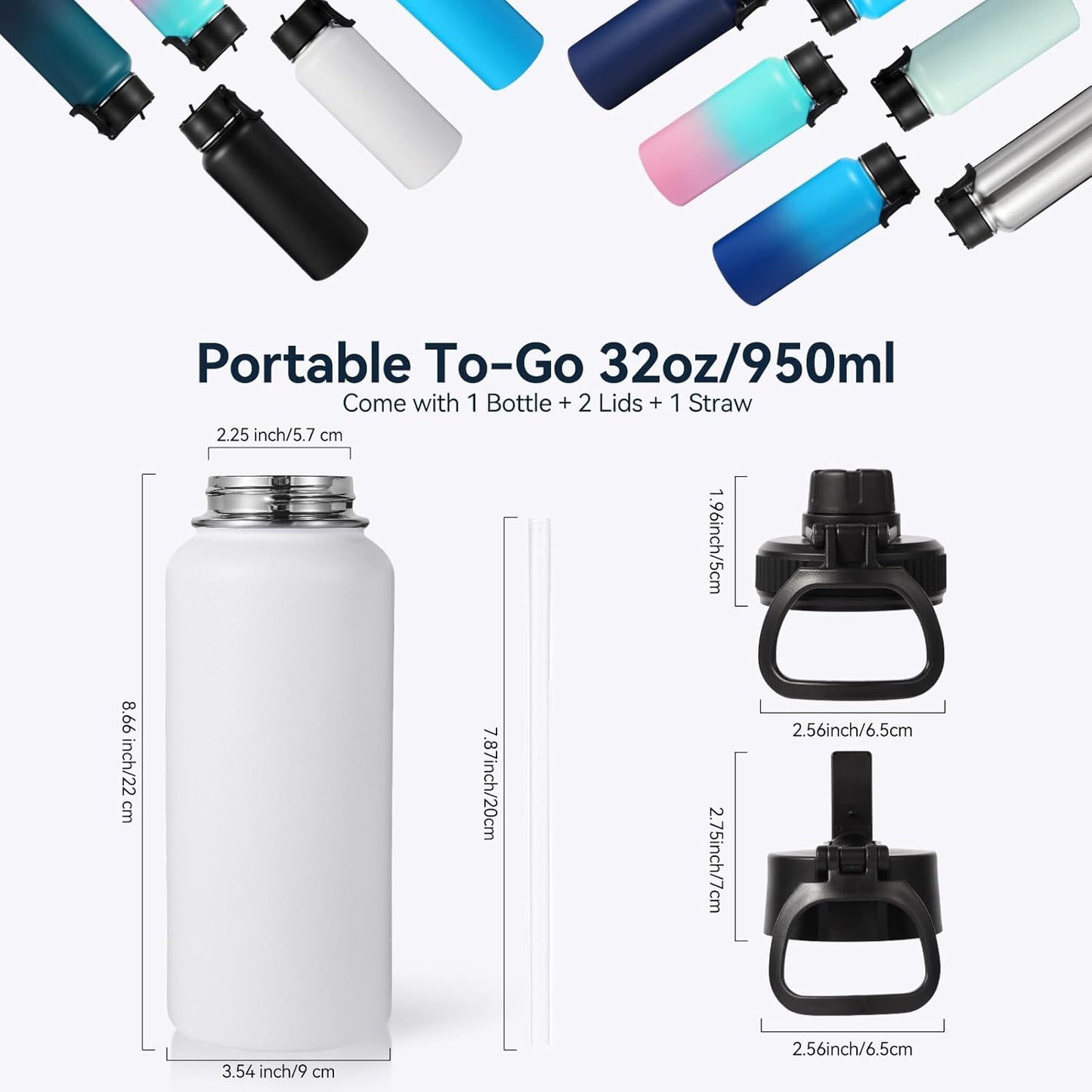 Neihepal 32 oz Insulated Water Bottle with 2 Lids (Straw & Spout Lid), 18/8 Stainless Steel Double Wall Water Bottles for Gym, Travel, Camping, Sports (Silver,1 Pack)
