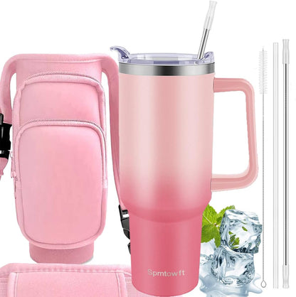 40oz Stainless Steel Double Vacuum Tumbler with Handle, Straw Lid, Carrier Bag, Purse Pouch Phone Pocket, Gym Water Bottle Travel Mug and Sleeve Holder for Men Women (Black)