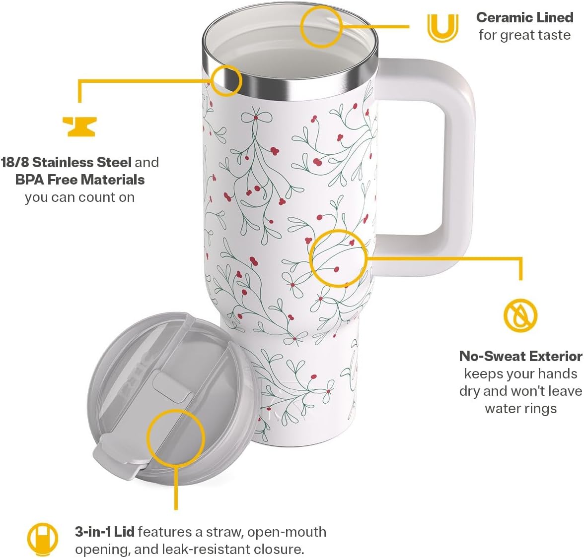 RTIC 30 oz Road Trip Tumbler Double-Walled Ceramic Lined InsulatedStainless Steel Portable Travel Coffee Mug Cup with Lid, Handle and Straw, Periwinkle Bouquet