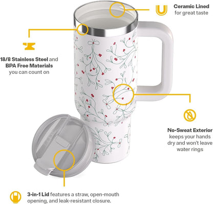 RTIC 30 oz Road Trip Tumbler Double-Walled Ceramic Lined InsulatedStainless Steel Portable Travel Coffee Mug Cup with Lid, Handle and Straw, Periwinkle Bouquet