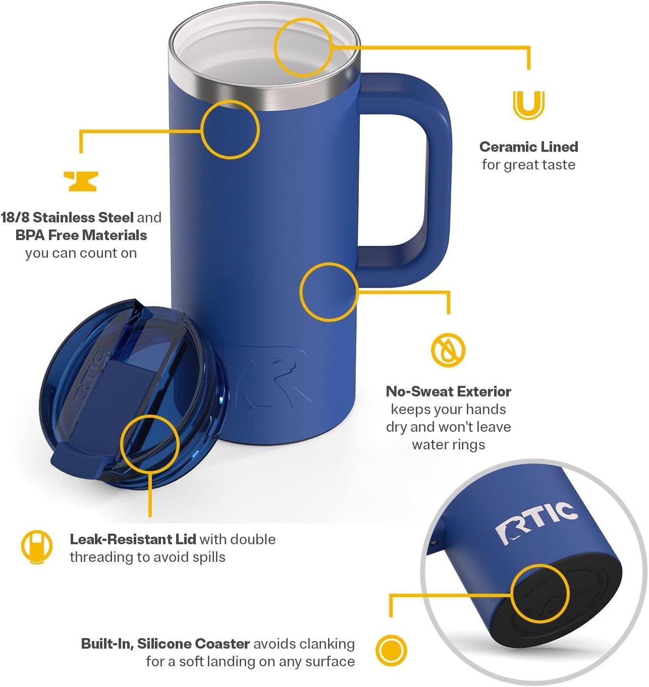 RTIC 20oz Road Trip Travel Mug with Lid and Handle, Ceramic Lined, Insulated, Stainless Steel, Metal, Double Wall Vacuum-Insulation, Portable Coffee, Tea Cup for Hot and Cold Drink, Black