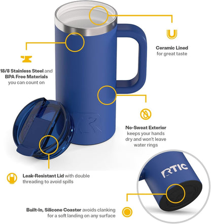 RTIC 20oz Road Trip Travel Mug with Lid and Handle, Ceramic Lined, Insulated, Stainless Steel, Metal, Double Wall Vacuum-Insulation, Portable Coffee, Tea Cup for Hot and Cold Drink, Black