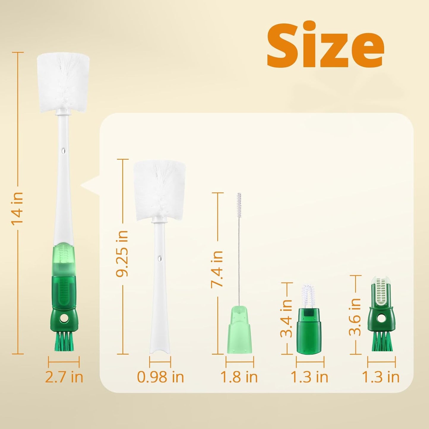 OUTXE 5 Pack Bottle Brush Set, 5-in-1 Water Bottle Cleaner Brush, 15"" Long Handle Bottle Cleaning Brush, 3 Straw Brush, Removable Nipple Brush, Detail Brush for Cup Lid Gap, WBBSBLB5