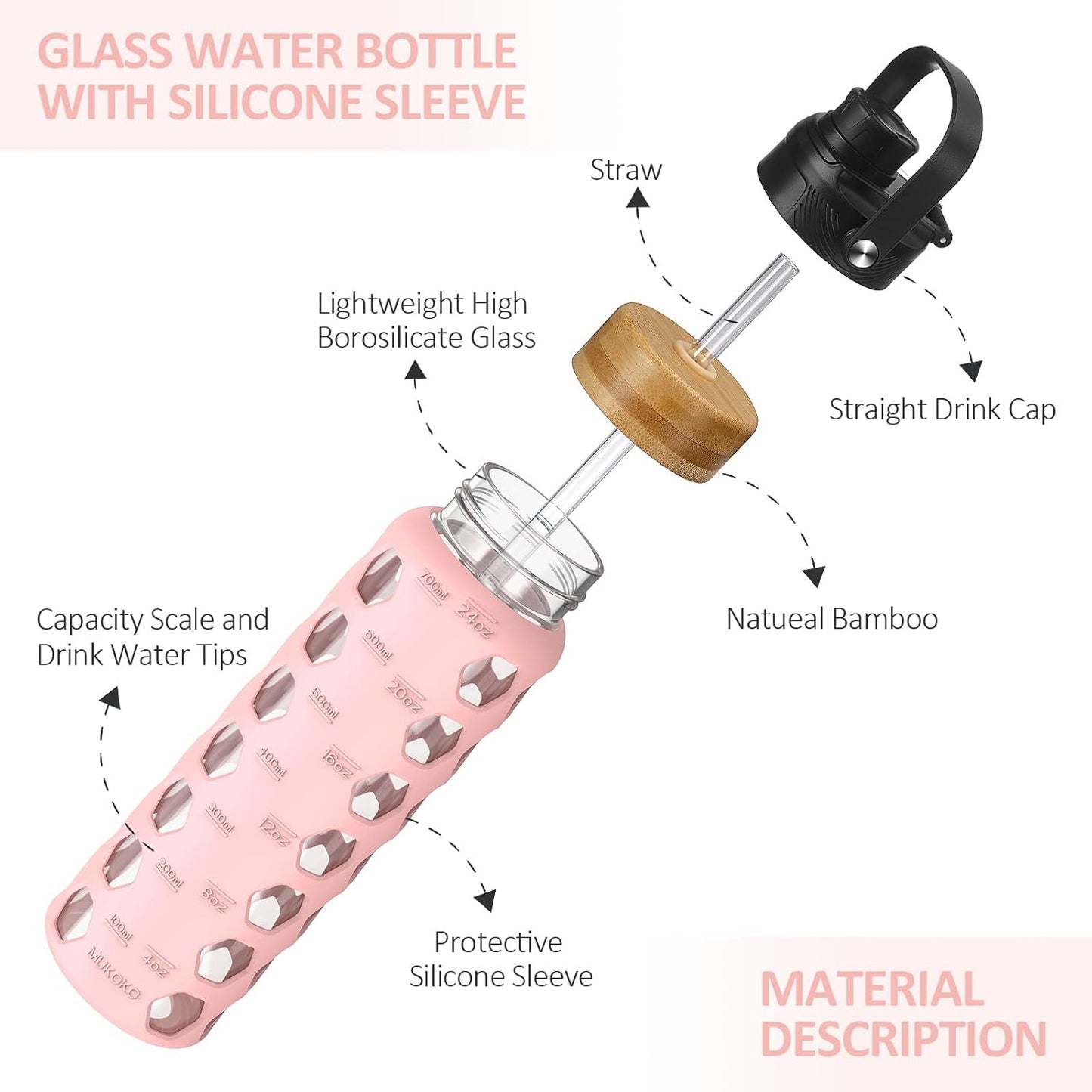 MUKOKO Glass Water Bottles, 32oz Glass Tumbler with Straw, Drinking Bottles with 2 Lids-Handle Spout Lid&Bamboo Straw Lid, Motivational Water Bottle with Time Marker and Silicone Sleeve, 1 Pack-Olive