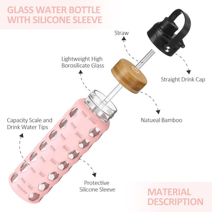 MUKOKO Glass Water Bottles, 32oz Glass Tumbler with Straw, Drinking Bottles with 2 Lids-Handle Spout Lid&Bamboo Straw Lid, Motivational Water Bottle with Time Marker and Silicone Sleeve, 1 Pack-Olive