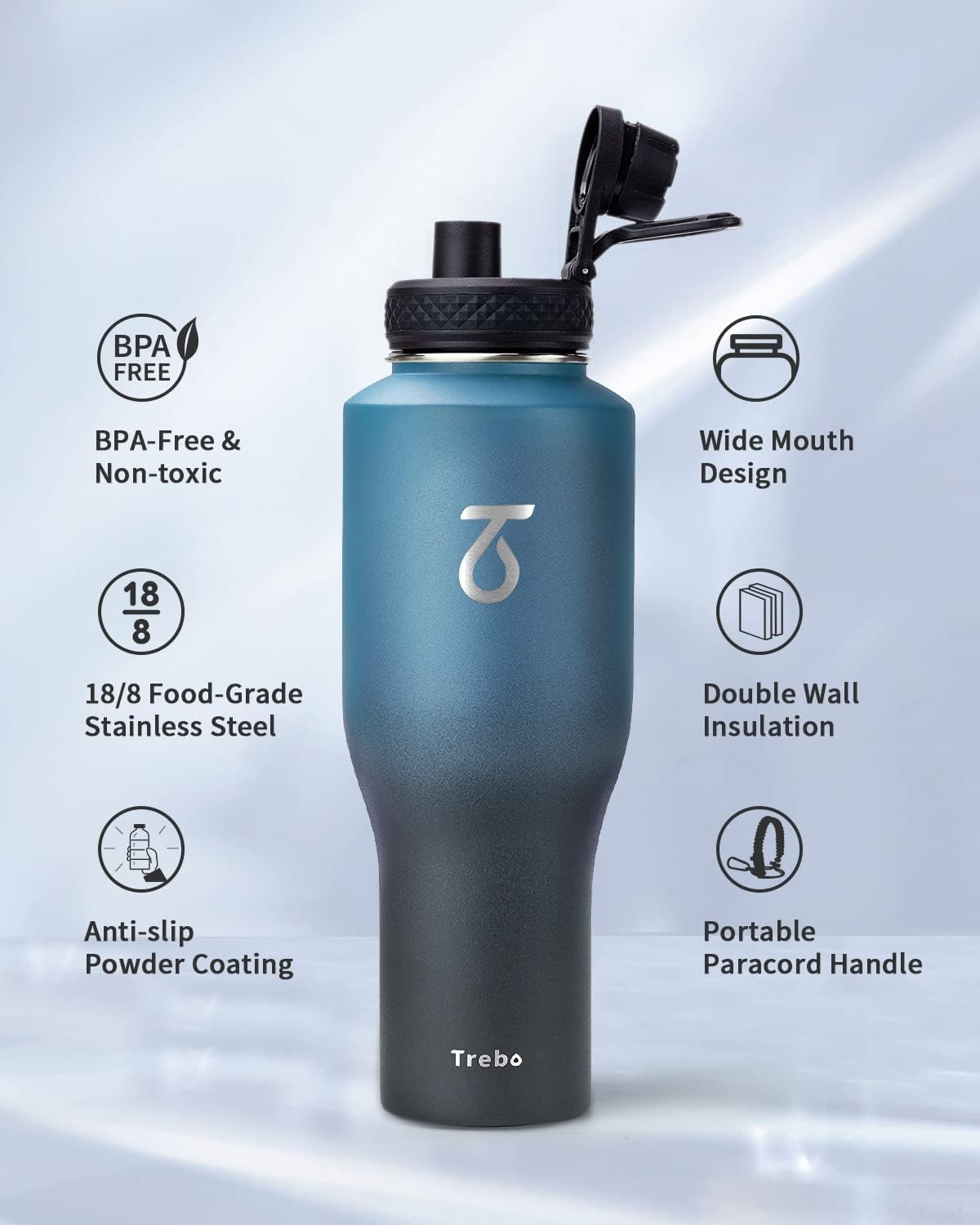 Trebo 40 oz Water Bottle Insulated Fit Car Cup Holder with Handle, Stainless Steel Water Bottles Tumbler with Spout Straw Lids, Double Wall Travel Reusable Flask, Leakproof Mug,Keep Cold &Hot,Black