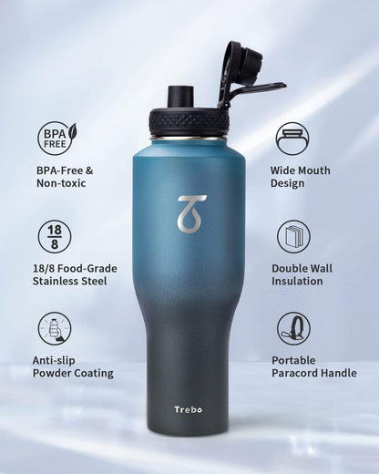 Trebo 40 oz Water Bottle Insulated Fit Car Cup Holder with Handle, Stainless Steel Water Bottles Tumbler with Spout Straw Lids, Double Wall Travel Reusable Flask, Leakproof Mug,Keep Cold &Hot,Black
