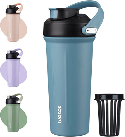 BJPKPK 25 oz Insulated Protein Shaker Bottle with Handle, Stainless Steel Tumbler for Protein Mixes,BPA Free Metal Shaker Cup for Gym Workout,White and Grey