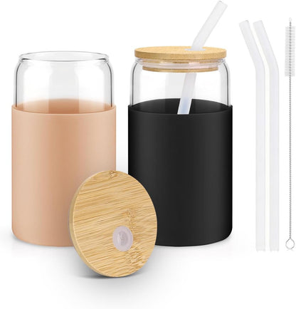 sungwoo 4PCS Glass Cups with Bamboo Lids and Straws, 16OZ Ice Coffee Cup, Drinking Cup set with Wooden Lids, Home Essential Glass Tumblers for Beer, Cocktail, Tea and Latte Clear