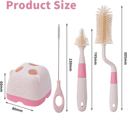 3 in 1 Baby Silicone Bottle Brush Set, Multipurpose Bottle Cleaner, Bottle Brush with Storage Holder, Food Grade Silicone, Effortless Scrubbing, Baby Bottle Cleaning Brush (Green)