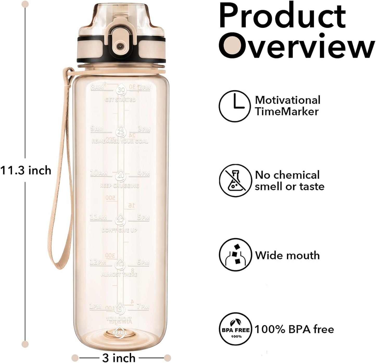 32oz Water Bottle with Time Marker, Motivational Drinking Bottle with Strap, BPA-Free Leak-Proof, Encouraging Water Bottle Time to Drink Water for Gym School Office Travel