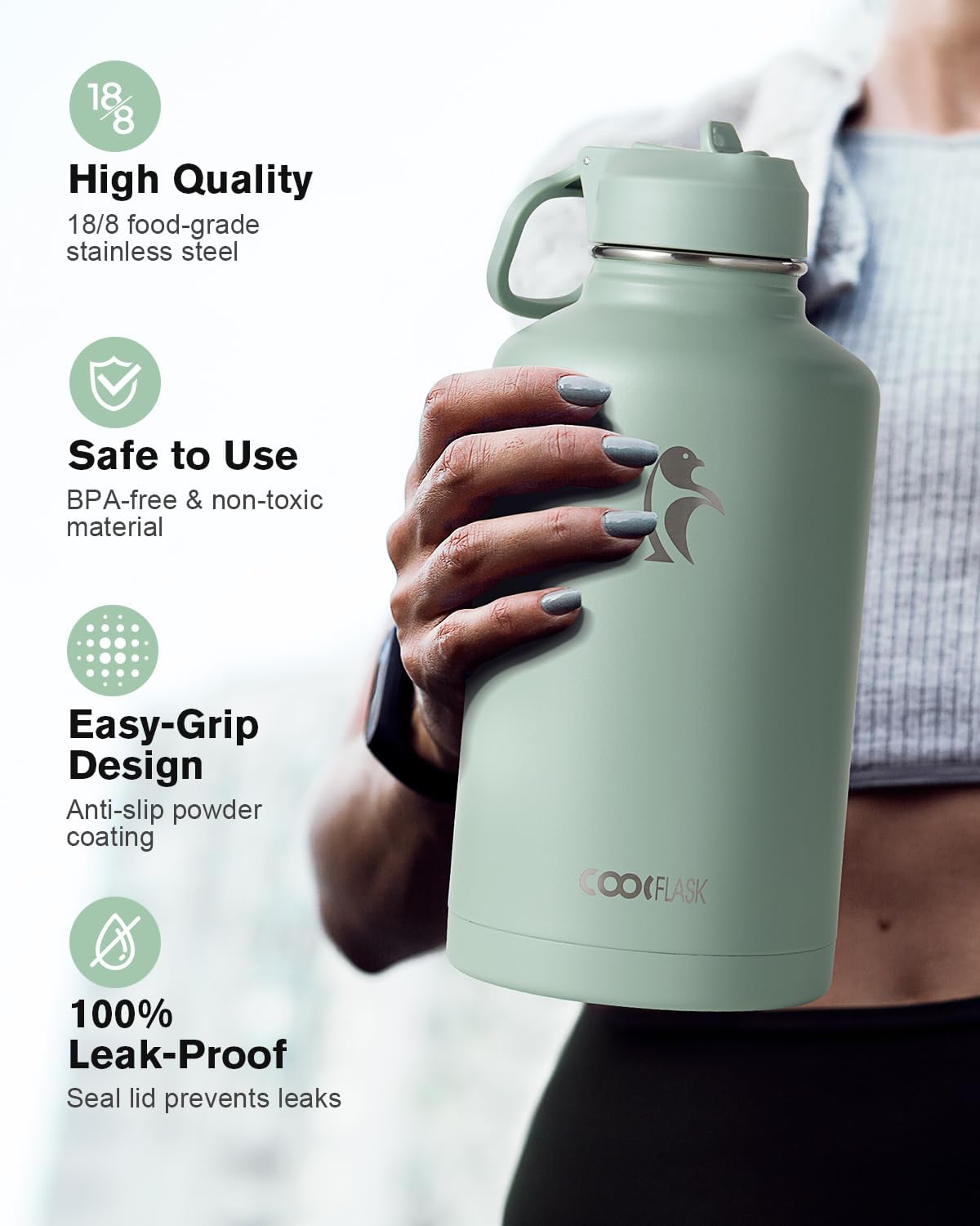 Half Gallon Water Bottle Insulated with Straw & 3 Lids, Coolflask 64 oz Water Jug Large Metal Stainless Steel Wide Mouth for Sports, Gym or Office, Non-BPA Keep Cold 48H Hot 24H, Samurai Cyan