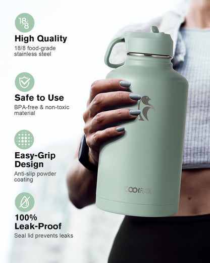 Half Gallon Water Bottle Insulated with Straw & 3 Lids, Coolflask 64 oz Water Jug Large Metal Stainless Steel Wide Mouth for Sports, Gym or Office, Non-BPA Keep Cold 48H Hot 24H, Samurai Cyan