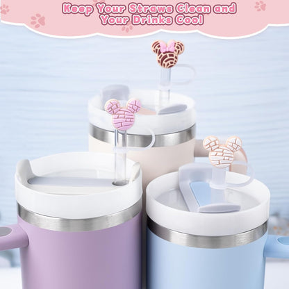 6PCS Straw Covers for Stanley Cup Tumbler 30 oz / 40 oz Leak Proof Straw Toppers 10mm Silicone Cute Straw Stopper Caps for Stanley Cup Accessories-Pink Mice
