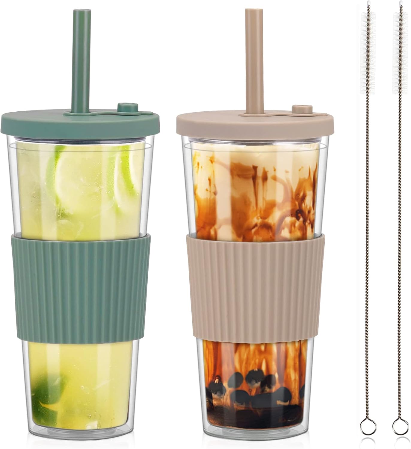 2 Pack Reusable Boba Tea Cups, 24oz Iced Coffee Cup with Straw and Lid, Leakproof Clear Plastic Cups Tumbler, Double Wall Insulated Smoothie Tumbler, Wide Straw for Bubble Tea, Black and White