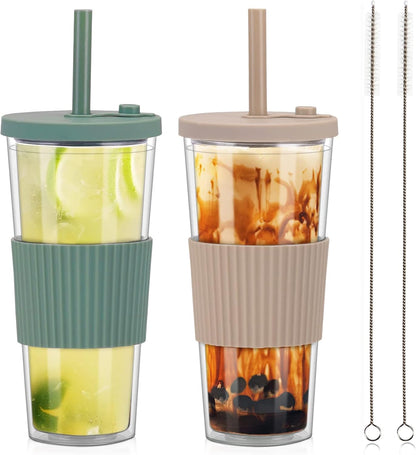 2 Pack Reusable Boba Tea Cups, 24oz Iced Coffee Cup with Straw and Lid, Leakproof Clear Plastic Cups Tumbler, Double Wall Insulated Smoothie Tumbler, Wide Straw for Bubble Tea, Black and White