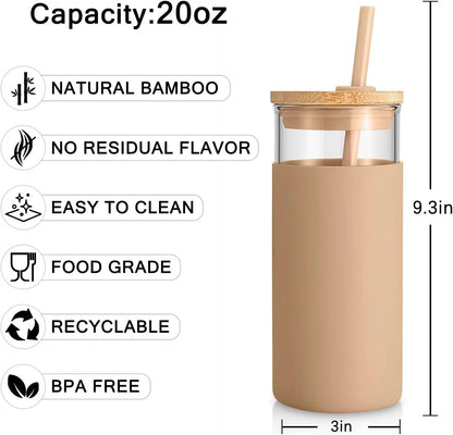 Tronco 20 oz Glass Tumbler with Lid and Straw, Iced Coffee Cup and Smoothie Cup with Bamboo Lids & Protective Silicone Sleeve, Dishwasher Safe, BPA-Free, Glass Cup 1 Pack - Colors B